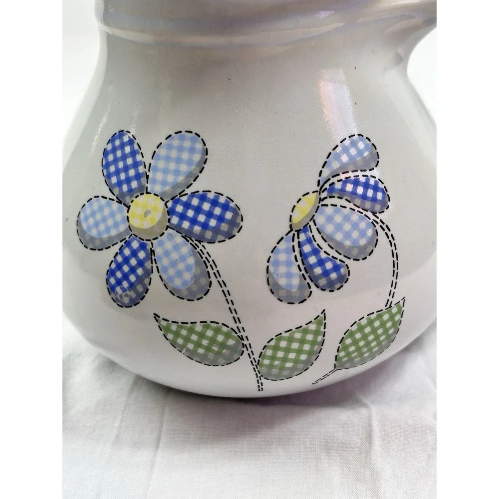 Vintage MCCOY Pottery whimsical blue white checked gingham floral small pitcher